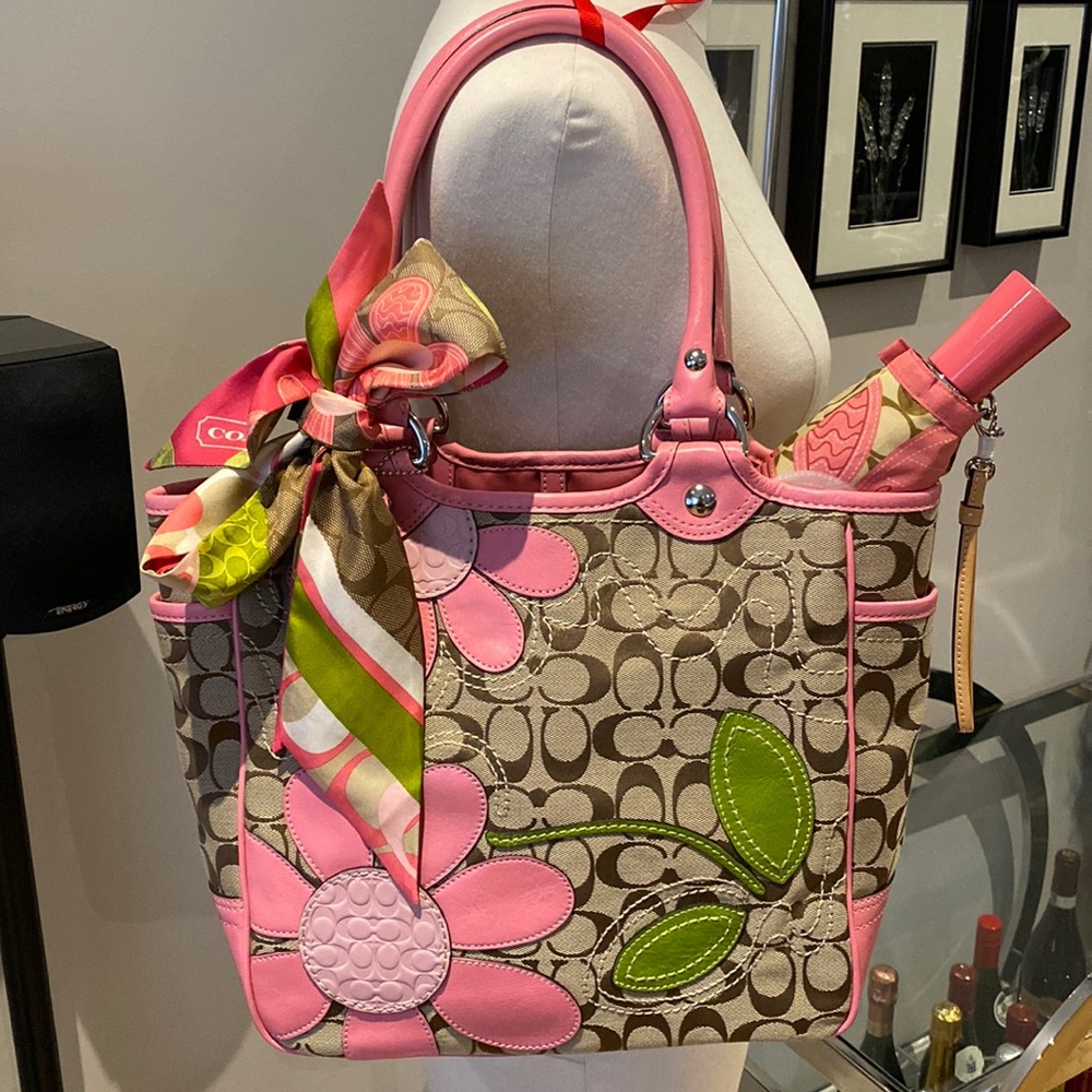 Coach flower tote, scarves, umbrella, key chain